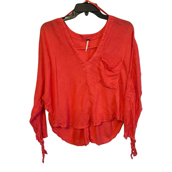 Free People Coral V Neck Woven Gauze Weave Knit Long Sleeve Blouse Small - Picture 1 of 7